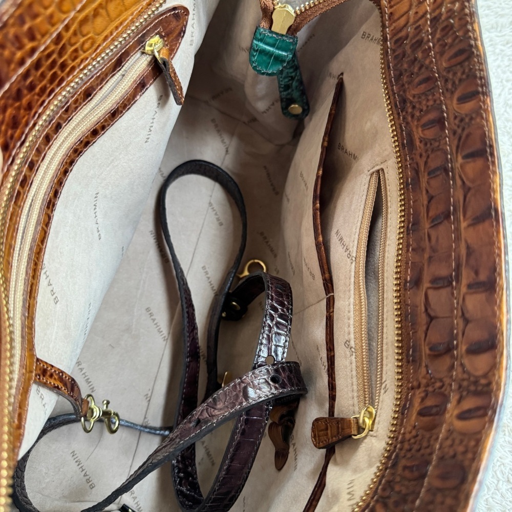 Brahmin Annabelle Dark Camel Tri-Color Croc-Embossed Leather with Green Trim NWT - Picture 8 of 8